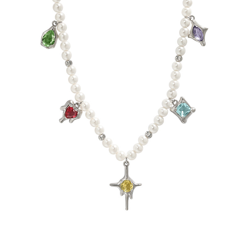 Colorful Irregular Round Heart Oval Square Waterdrop CZ Shell Pearls 925 Sterling Silver Necklace