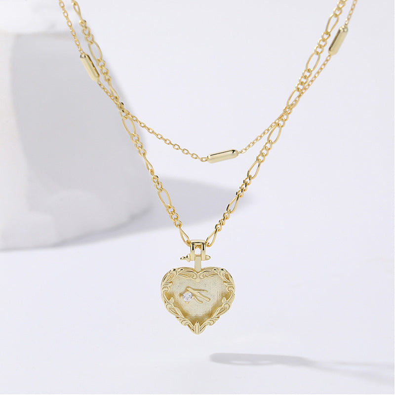 Promise Double Layers Irregular Heart CZ 925 Sterling Silver Necklace