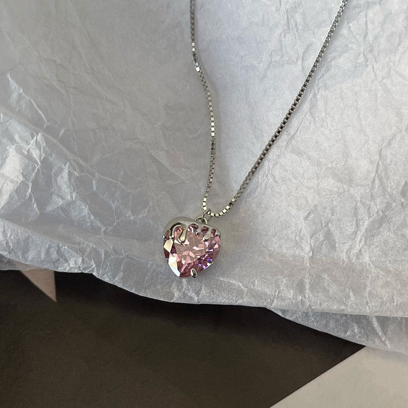 Lady Pink CZ Heart Flowing Lava 925 Sterling Silver Necklace