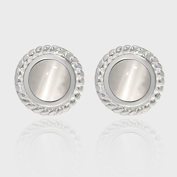 New Twisted Border Round Natural Cat's Eye 925 Sterling Silver Stud Earrings