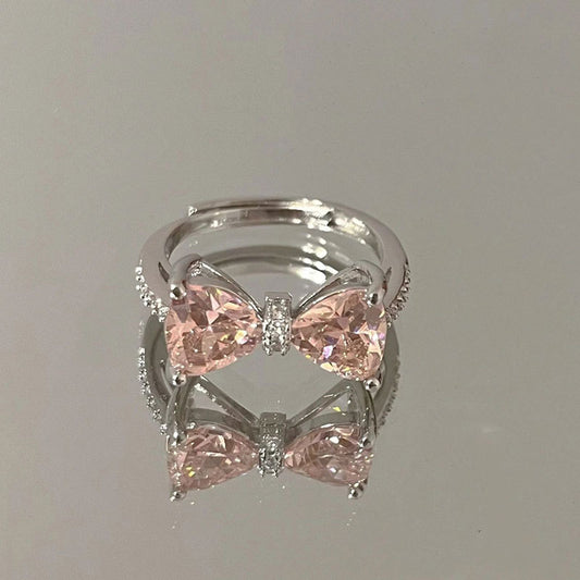 New Pink CZ Bow-Knot Girls 925 Sterling Silver Adjustable Ring