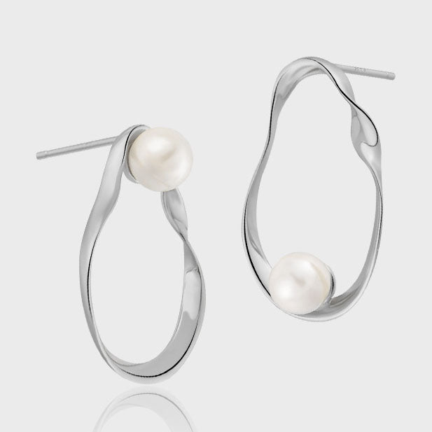 Modern Geometry Irregular Elliptic Shell Pearls 925 Sterling Silver Dangling Earrings