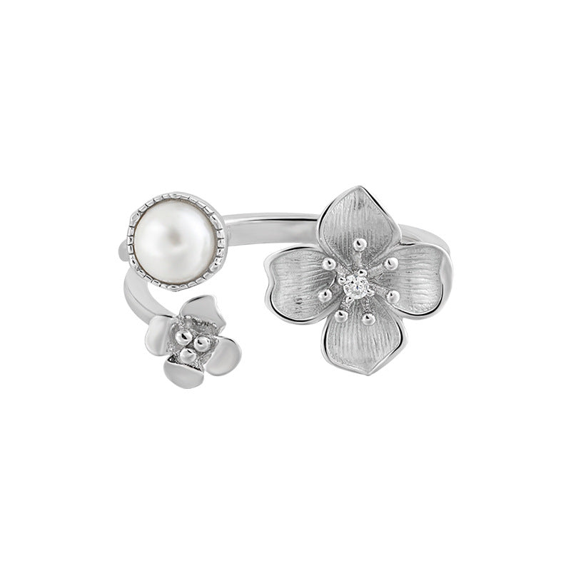 Lady Peach Blossom Flower Shell Pearl 925 Sterling Silver Adjustable Ring