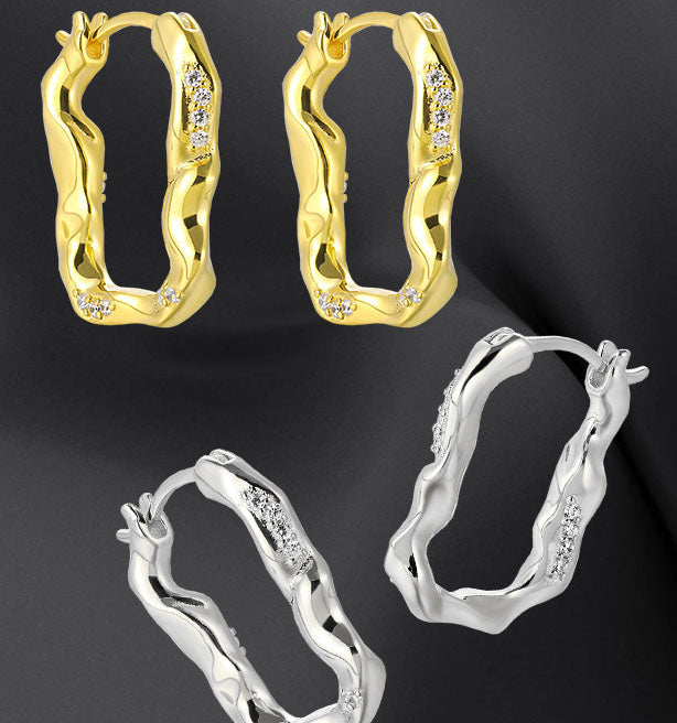 New Irregular Geometry CZ U Shape 925 Sterling Silver Hoop Earrings