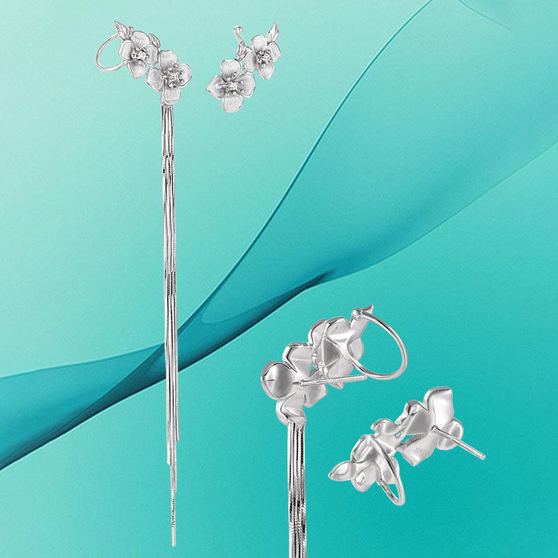 Asymmetric Women Peach Blossom Flower Tassels 925 Sterling Silver Dangling Earrings