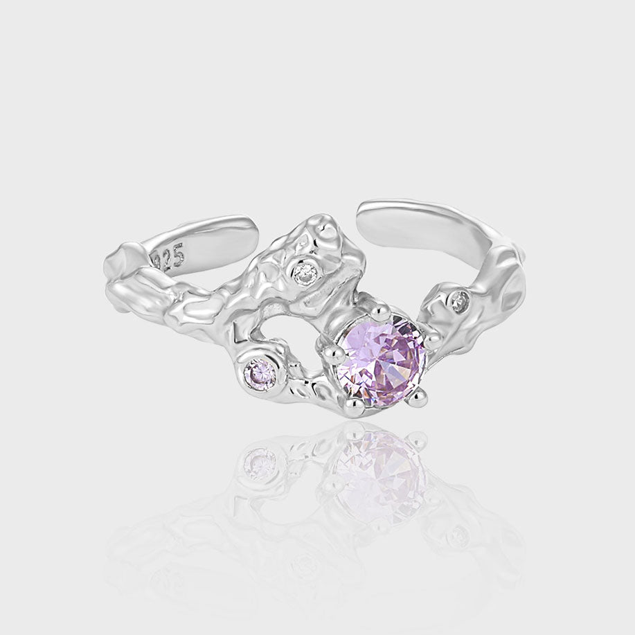 Fashion Irregular Round Purple CZ 925 Sterling Silver Adjustable Ring