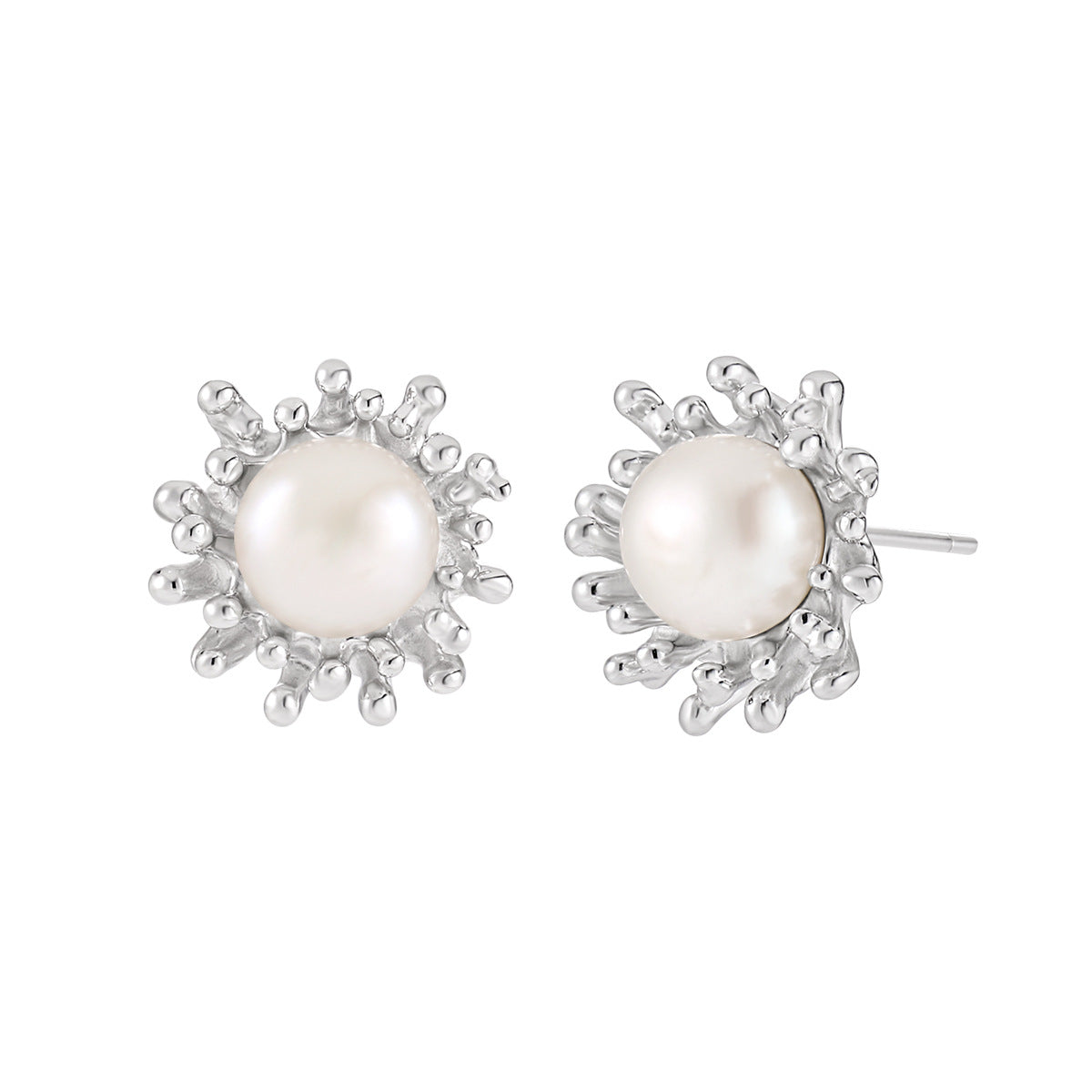 Girl Round Natural Pearl Sunshine 925 Sterling Silver Stud Earrings