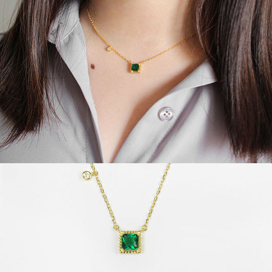 Fashion Green Square CZ 925 Sterling Silver Golden Necklace