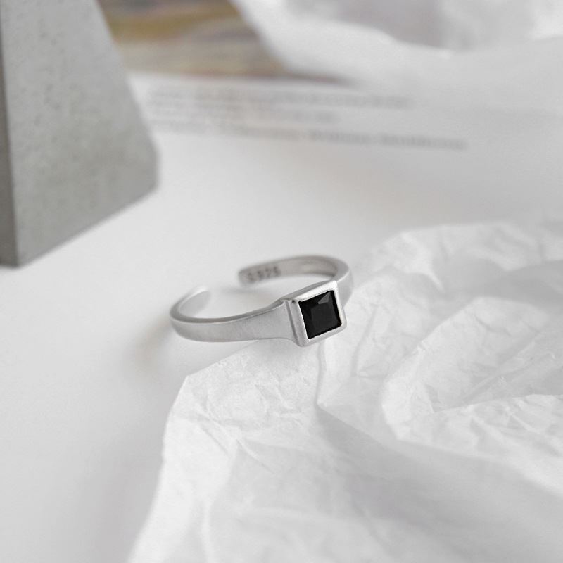 Office Black CZ Square 925 Sterling Silver Adjustable Ring