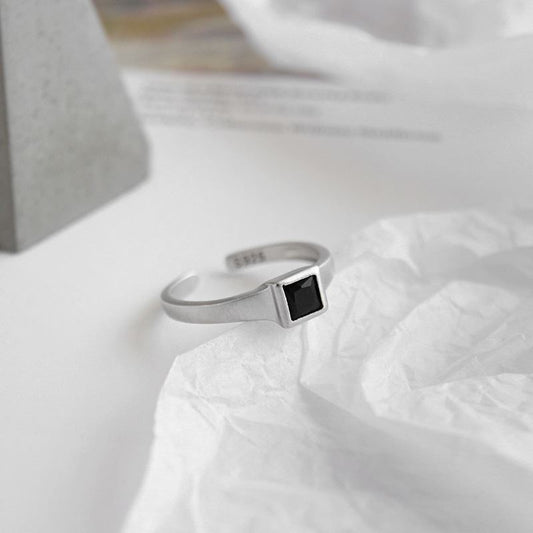 Office Black CZ Square 925 Sterling Silver Adjustable Ring