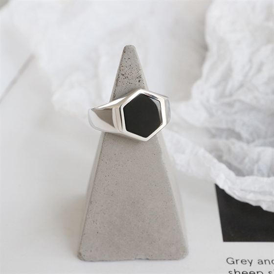 Office Geometry Black Hexagon 925 Sterling Silver Adjustable Ring