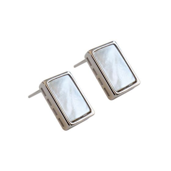 Office Geometric Rectangle Shell 925 Sterling Silver Stud Earrings