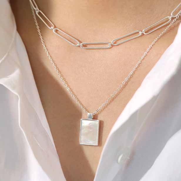 Geometry Mother of Shell Rectangle Tag 925 Sterling Silver Necklace