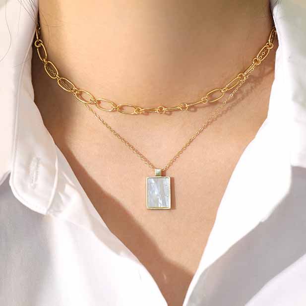 Geometry Mother of Shell Rectangle Tag 925 Sterling Silver Necklace