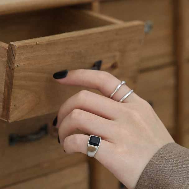 Geometry Square Created Black Agate 925 Sterling Silver Adjustable Ring