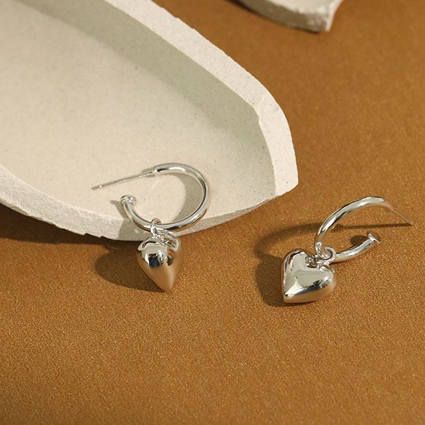 Girl 3D Heart Love 925 Sterling Silver Hoop Earrings