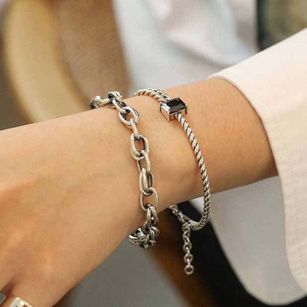 Vintage Twisted Chain Black CZ 925 Sterling Silver Bracelet