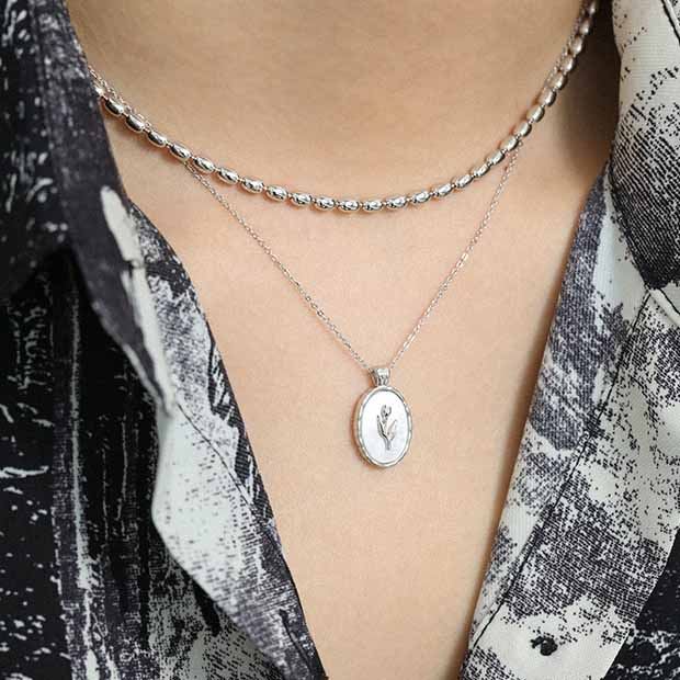 Shell Oval Tulips Flower 925 Sterling Silver Necklace