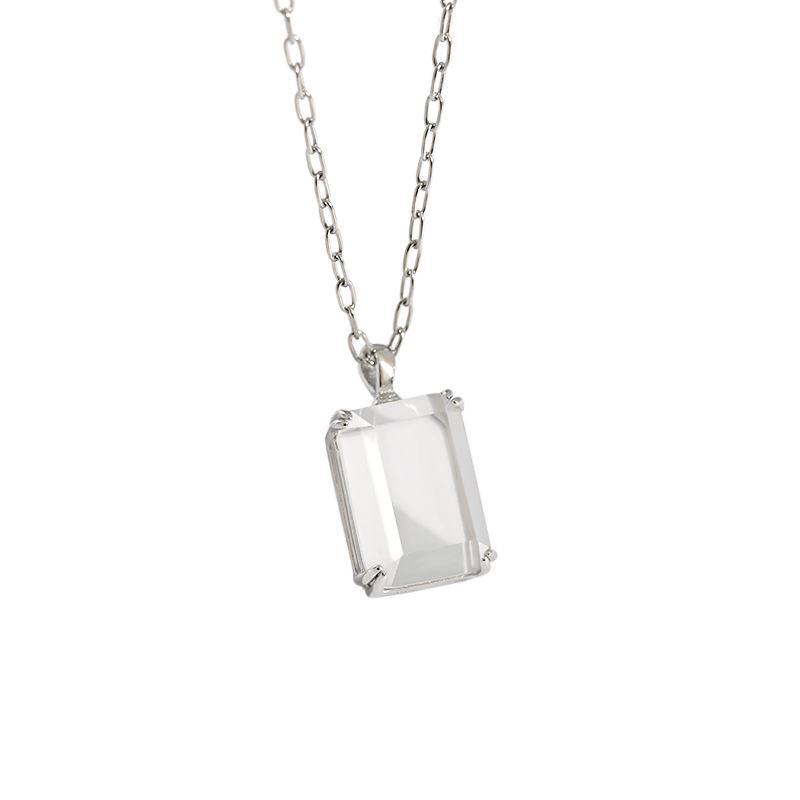 Simple Geometric Square Golden Sandstone White Crystal 925 Sterling Silver Necklace