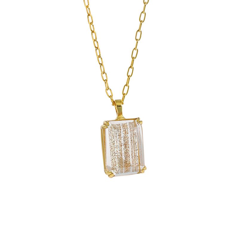 Simple Geometric Square Golden Sandstone White Crystal 925 Sterling Silver Necklace