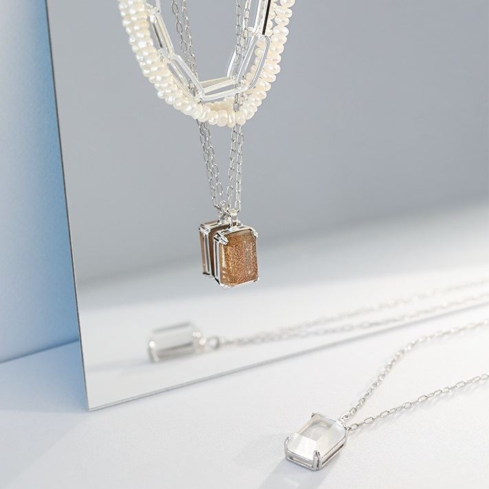 Simple Geometric Square Golden Sandstone White Crystal 925 Sterling Silver Necklace