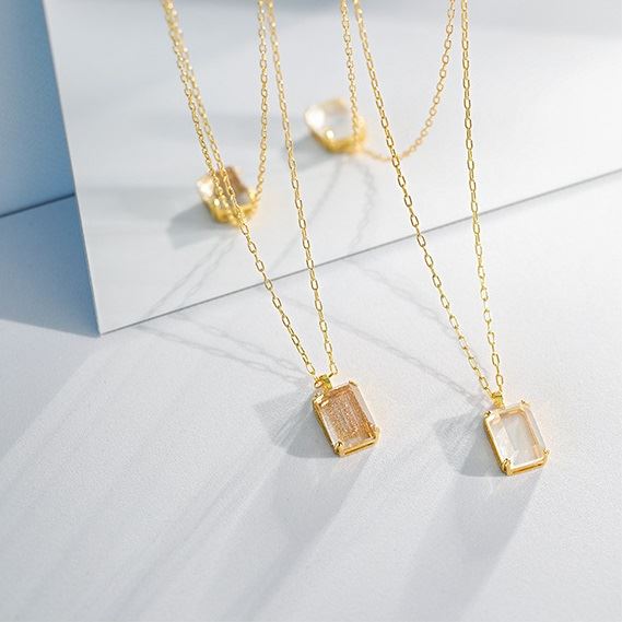 Simple Geometric Square Golden Sandstone White Crystal 925 Sterling Silver Necklace