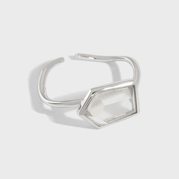 Geometry Hexagon Natural Crystal 925 Sterling Silver Adjustable Ring
