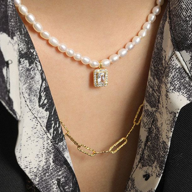 Elegant Natural Pearl Rectangle CZ 925 Sterling Silver Necklace