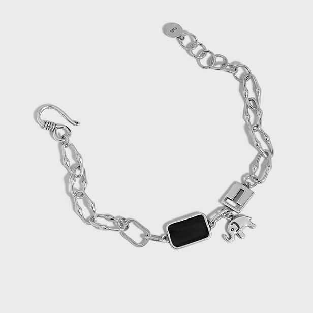 Vintage Black Rectangle Elephant Lock 925 Sterling Silver Bracelet