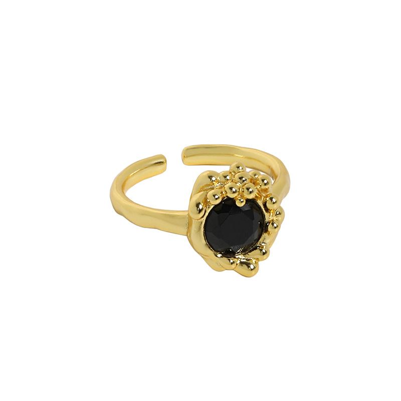 Lady Black CZ Bubble Flower 925 Sterling Silver Adjustable Ring