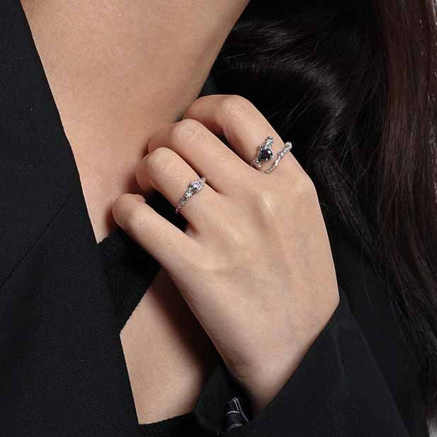 Unique Black Waterdrop CZ Irregular 925 Sterling Silver Adjustable Ring