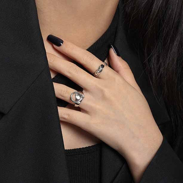 Black CZ Irregular Fashion 925 Sterling Silver Adjustable Ring