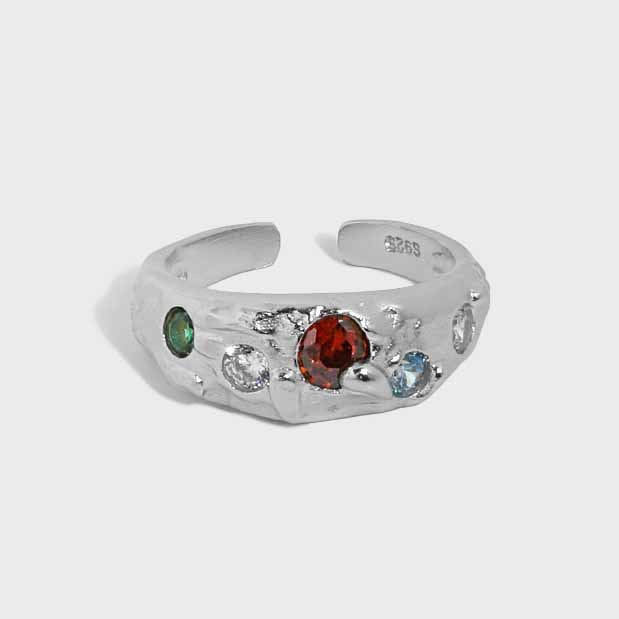 Colorful CZ Irregular Wide 925 Sterling Silver Adjustable Ring