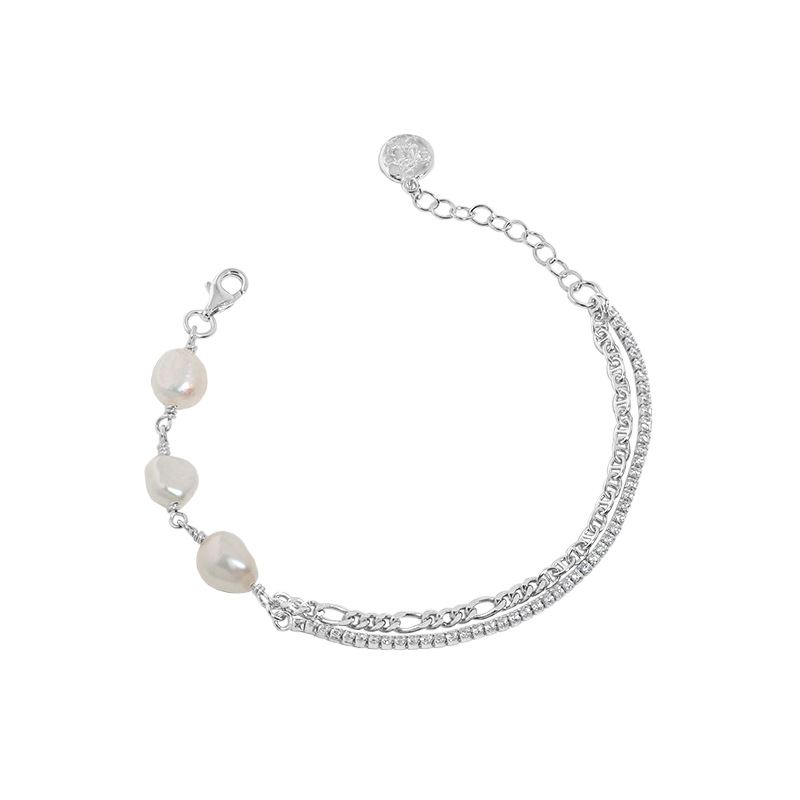 Girl Irregular Double Layer Hollow Chain Natural Pearl 925 Sterling Silver Bracelet