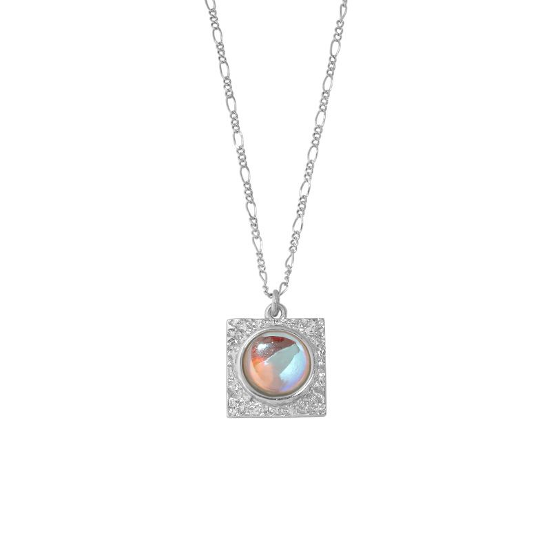 Elegant Round Created Moonstone Square 925 Sterling Silver Necklace