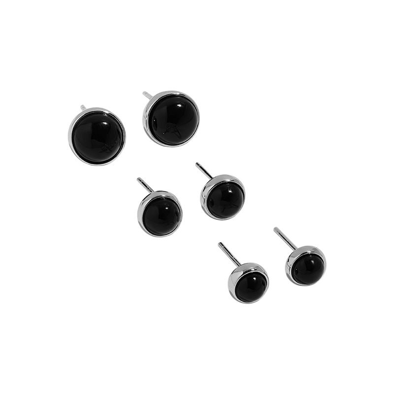 New Round Black Agate 925 Sterling Silver Stud Earrings