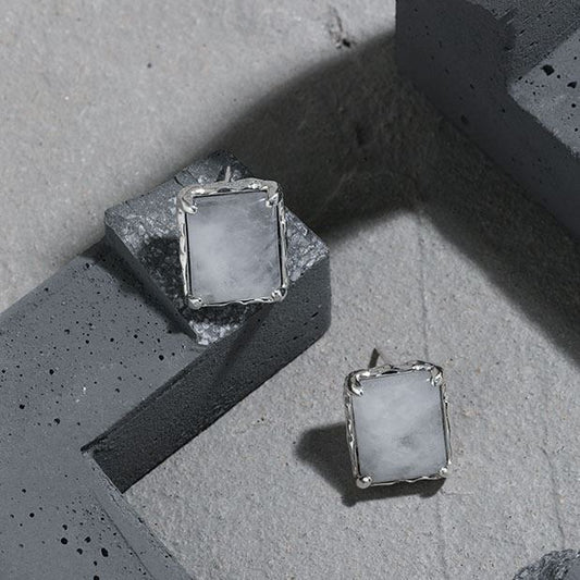 Geometry Natural Crystal Rectangle 925 Sterling Silver Stud Earrings