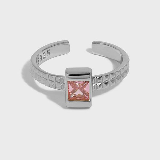 Geometry Pink CZ Square 925 Sterling Silver Adjustable Ring