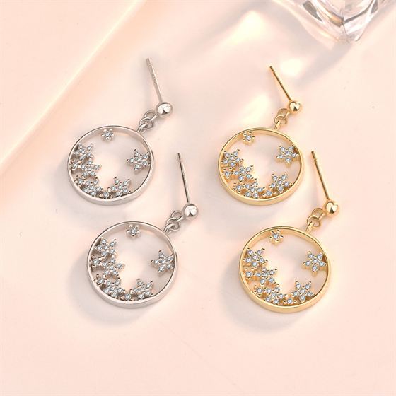 CZ Babysbreath Flower Circle Sweet 925 Sterling Silver Dangling Earrings