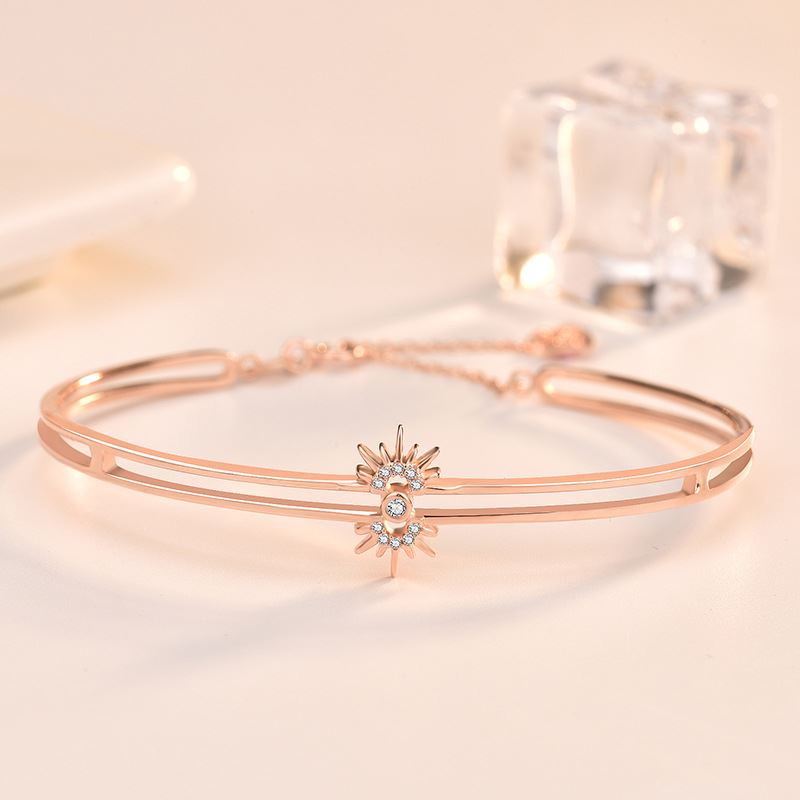 New Rose Gold CZ Sunflower 925 Sterling Silver Open Bangle