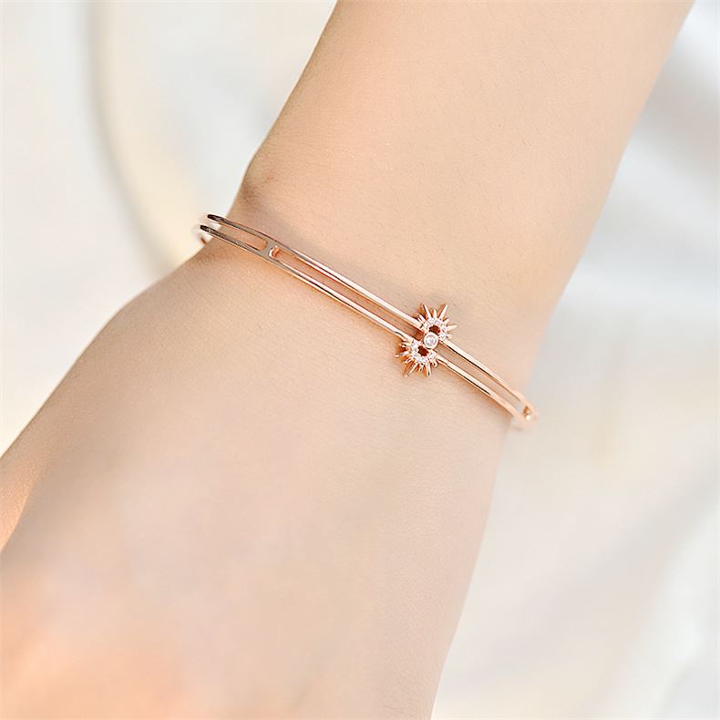 New Rose Gold CZ Sunflower 925 Sterling Silver Open Bangle