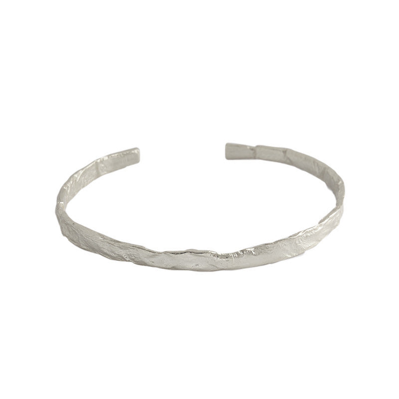 Simple Concave Convex Round 925 Sterling Silver Open Bangle